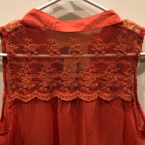 NWT Orange Sheer Tie Button-up - Picture 2 of 7